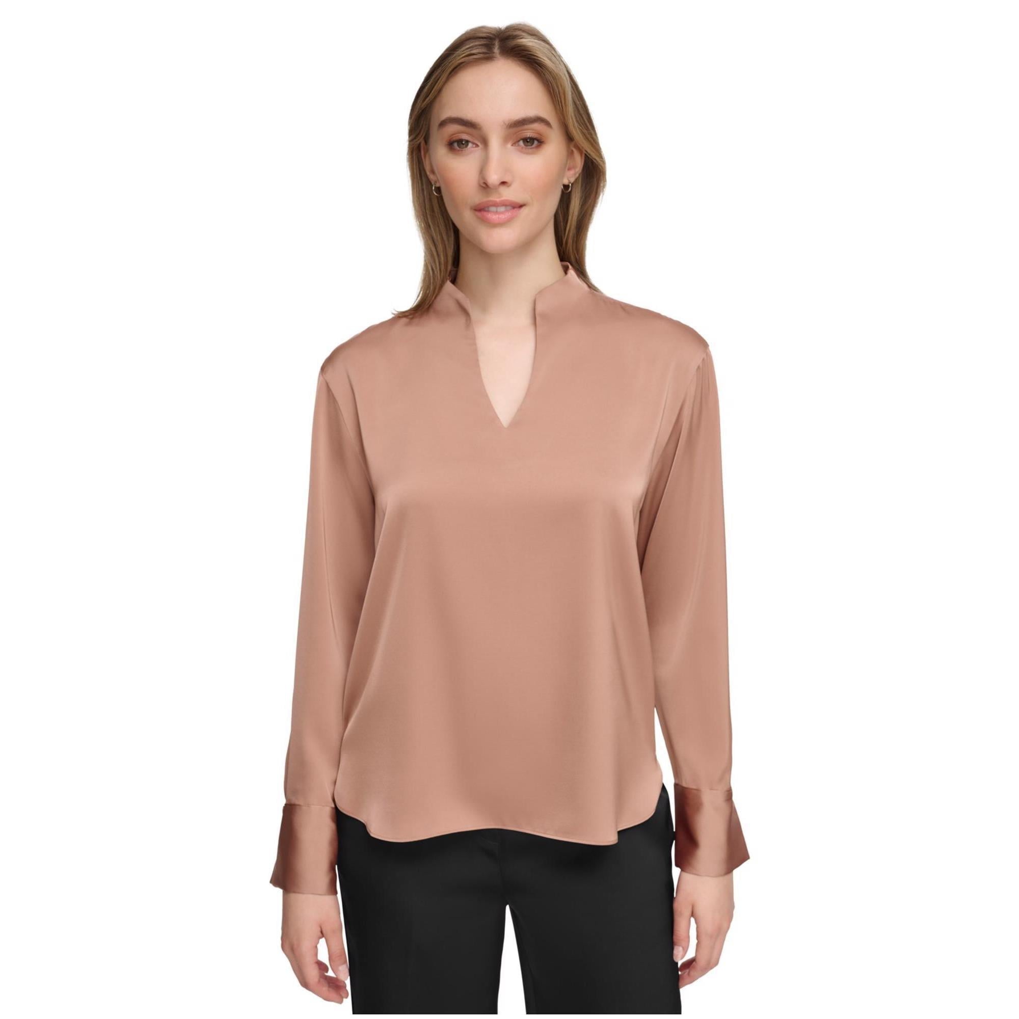 Calvin Klein Womens Satin Long Sleeve V Neck Pullover Blouse Dark Beige, Size XL
