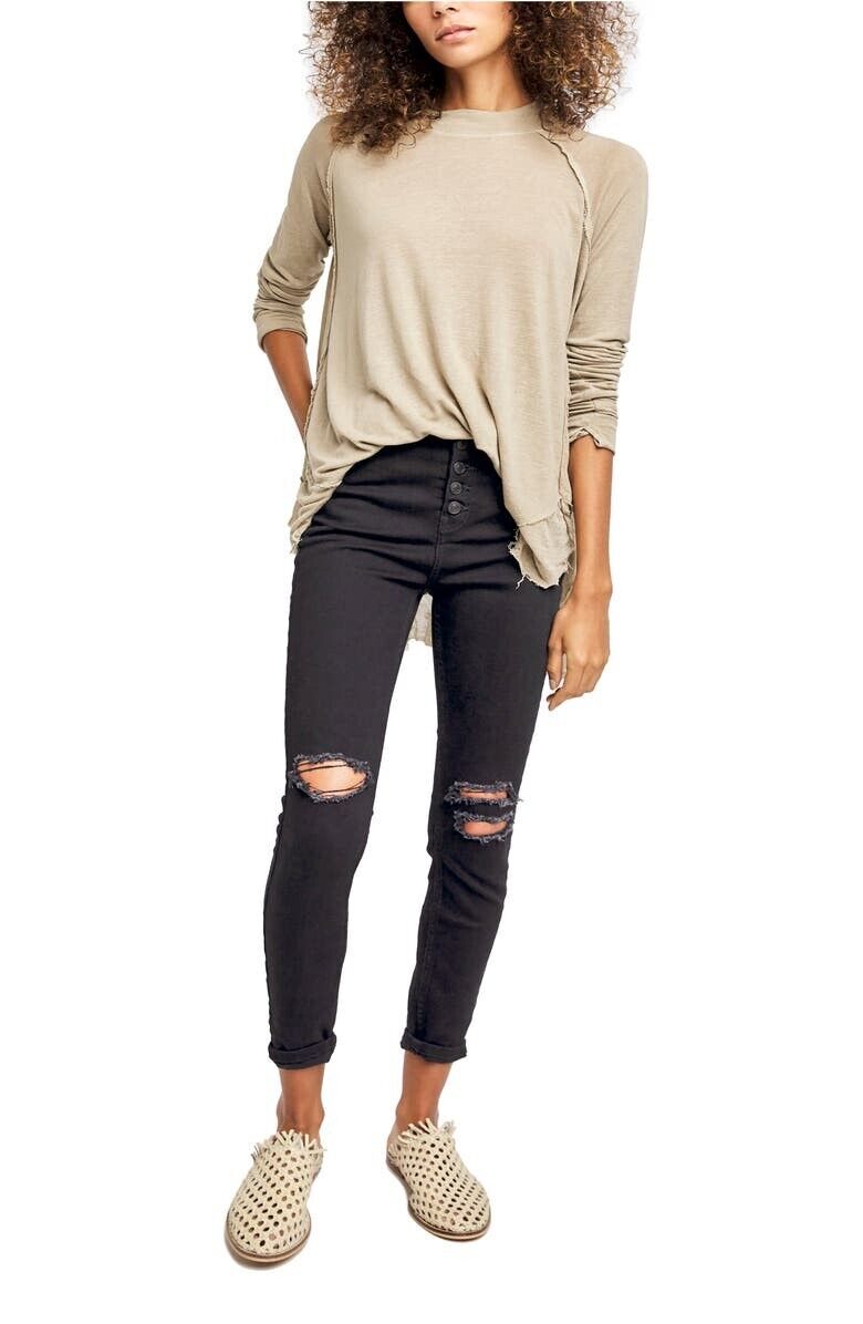 Free People Sabrina Button Front High Waist Skinny Jeans Black Size 24 MSRP $78