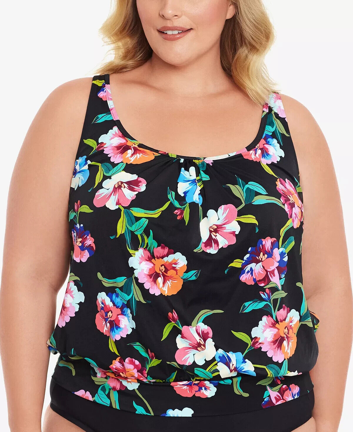 SWIM SOLUTIONS Plus Size Study Shirred Neck Underwire Tankini Top Black 16W $79