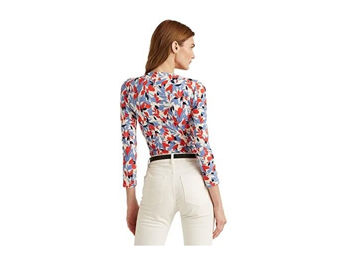 LAUREN Ralph Lauren Floral Surplice Jersey Top Blue Red Size XS MSRP $80