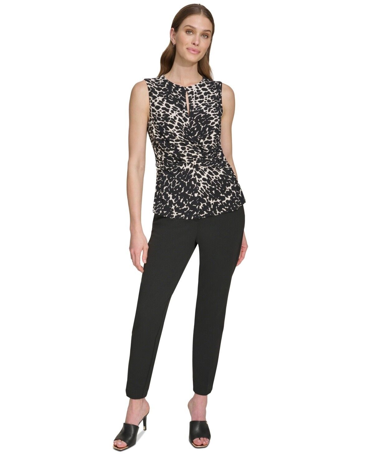 Dkny Women Printed Sleeveless Criss-Cross-Drape Top Black/Cloud Size XL MSRP $49