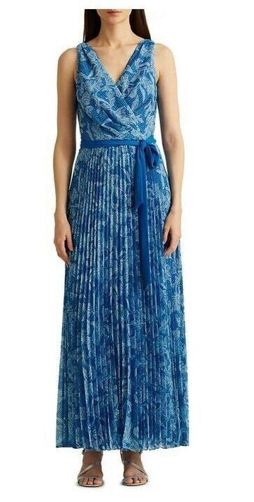 Lauren Ralph Lauren Womens Floral Pleated Georgette Gown Blue Size 12 MSRP $240