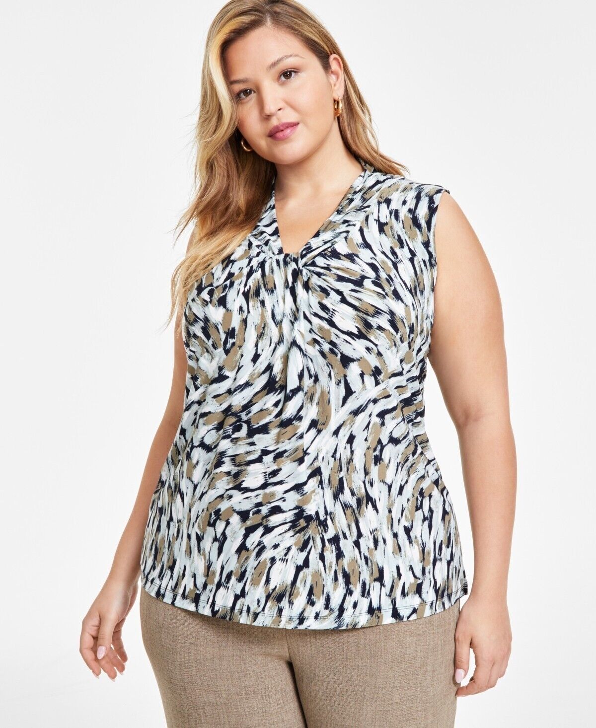 Kasper Plus Size Printed Knot-Front Top BLACK GREEN Size 3X MSRP $59