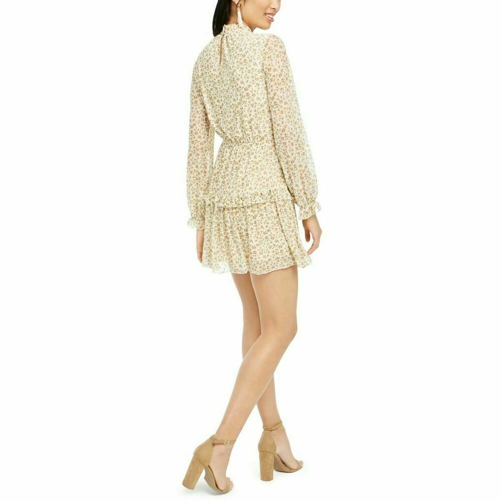 Sadie & Sage Printed Ruffled Mesh Mock-Neck Dress Womens Beige Size L MSRP $79