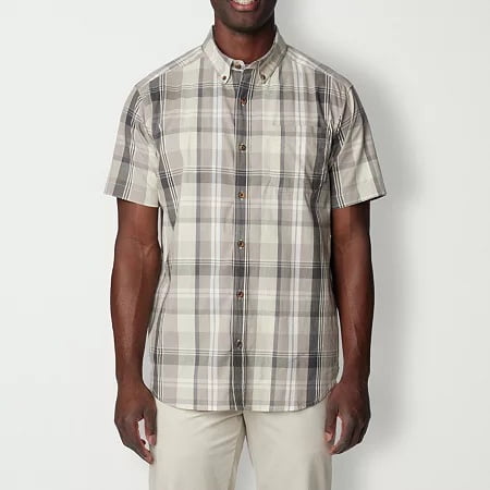 Columbia Mens Regular fit Short Sleeve Button-Up Shirt Small Beige Plaid