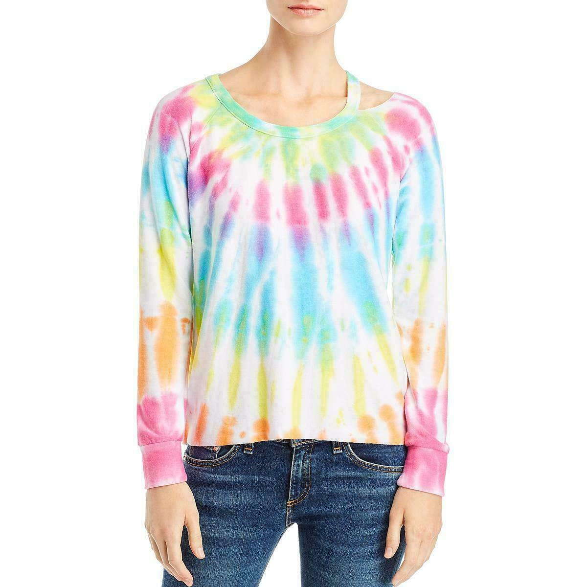 Chaser Womens Tie-Dye Cut Out Sweatshirt Top Shirt Size L Green Pink MSRP $79