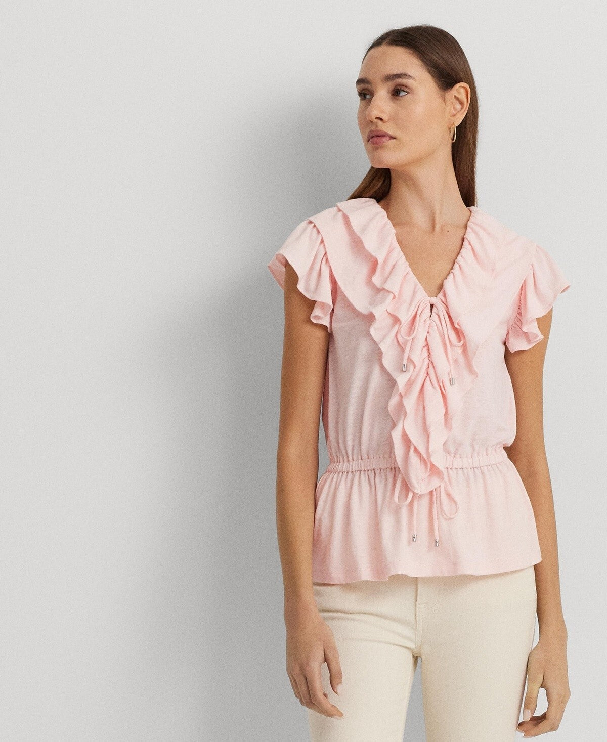 Lauren Ralph Lauren Ruffled Flutter-Sleeve Peplum Top Pink Size L MSRP $125