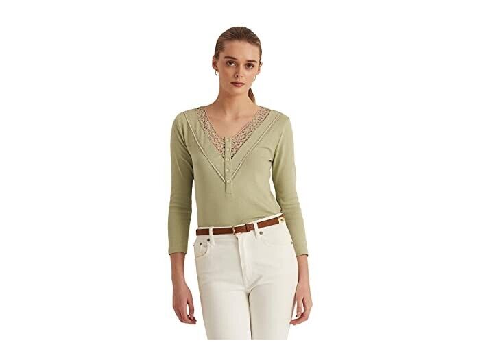 RALPH LAUREN Womens Green Lace 5 Button Placket V Top Green Size XL MSRP $80