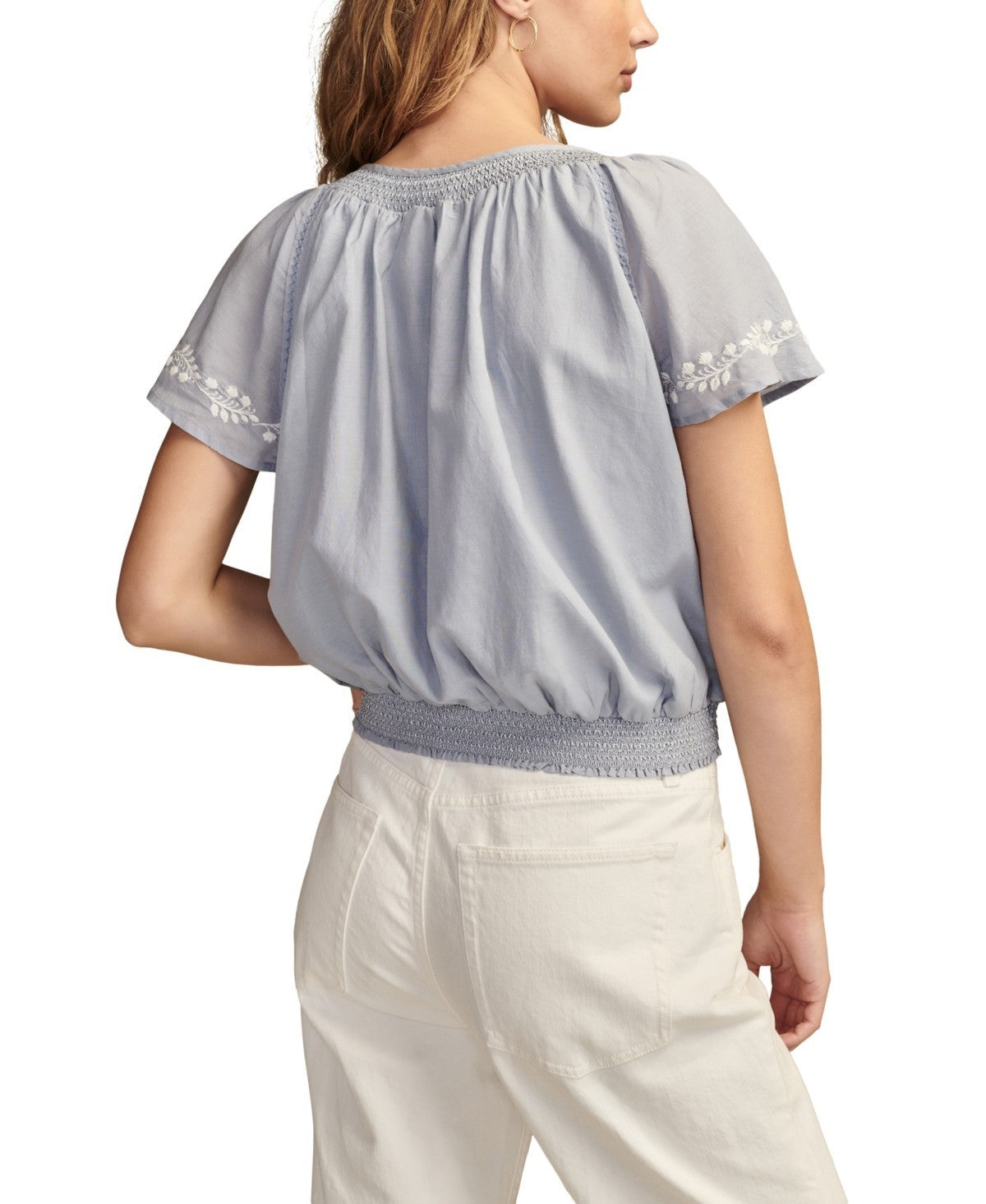 Lucky Brand Women's Embroidered Flutter-Sleeve Top Blue Size XL MSRP $90