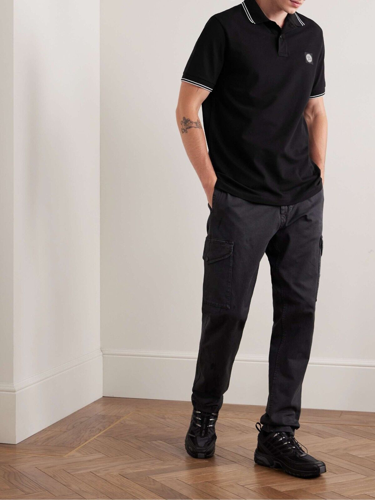 Stone Island Cotton Blend Tipped Regular Fit Polo Shirt Black Size S MSRP $170