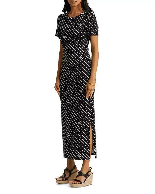 Lauren Ralph Lauren Women's Black Monogram Printed Side Slit Dress Size XS $125