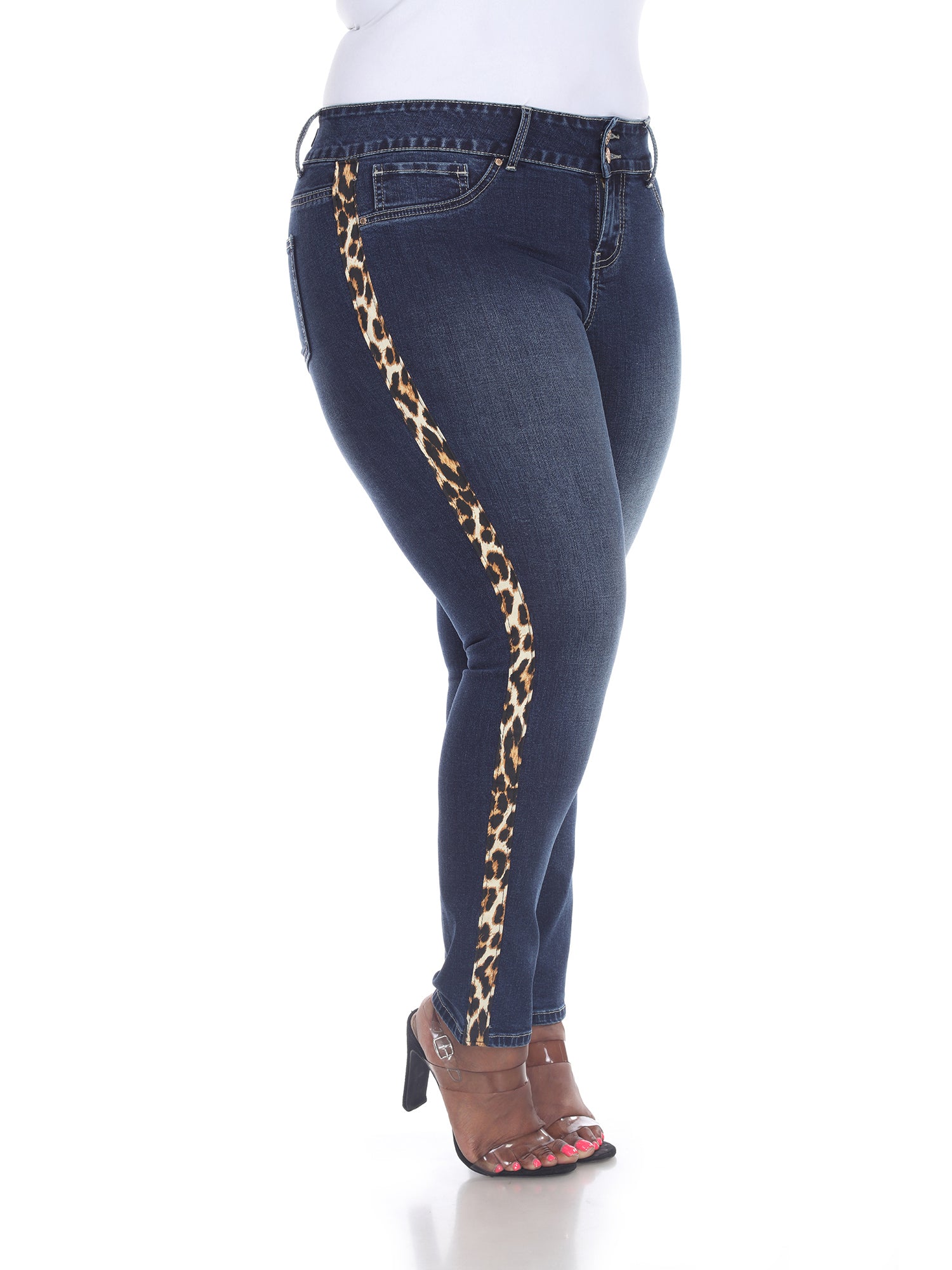 White Mark Women's Plus Size 14 Blue Super Stretch Denim Cheetah Pannel