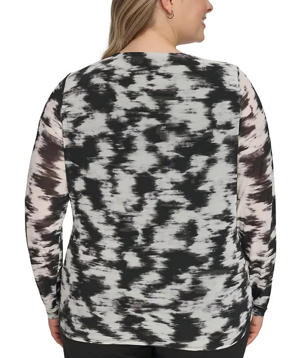 Calvin Klein Plus Size Printed Asymmetric Ruched Top Black Size 1X MSRP $79