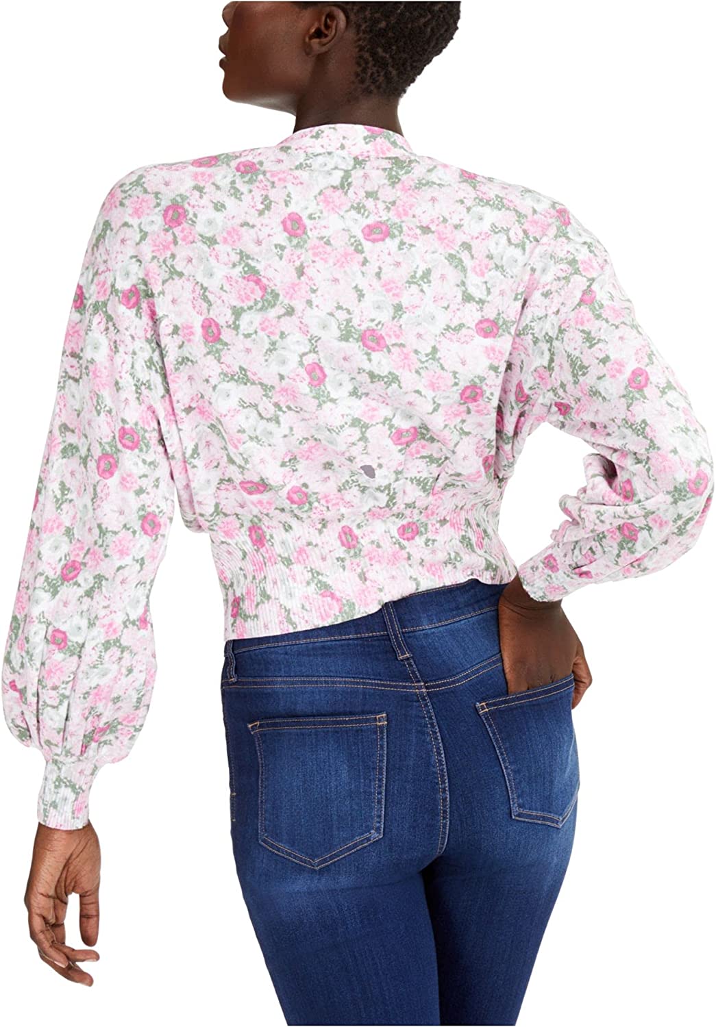 INC Womens Floral Print Ribbed Knit Cardigan Sweater Pink Size M