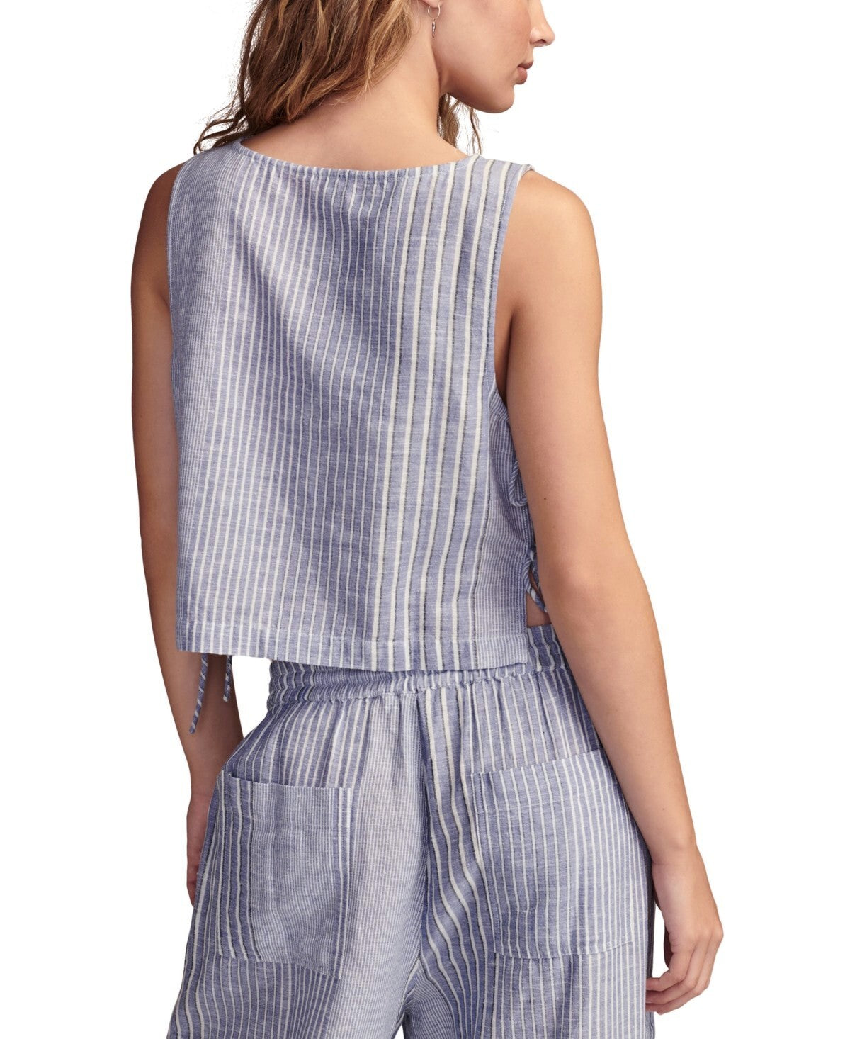 Lucky Brand Women's Linen-Blend Striped Beach Tank Top Blue Size M MSRP $50