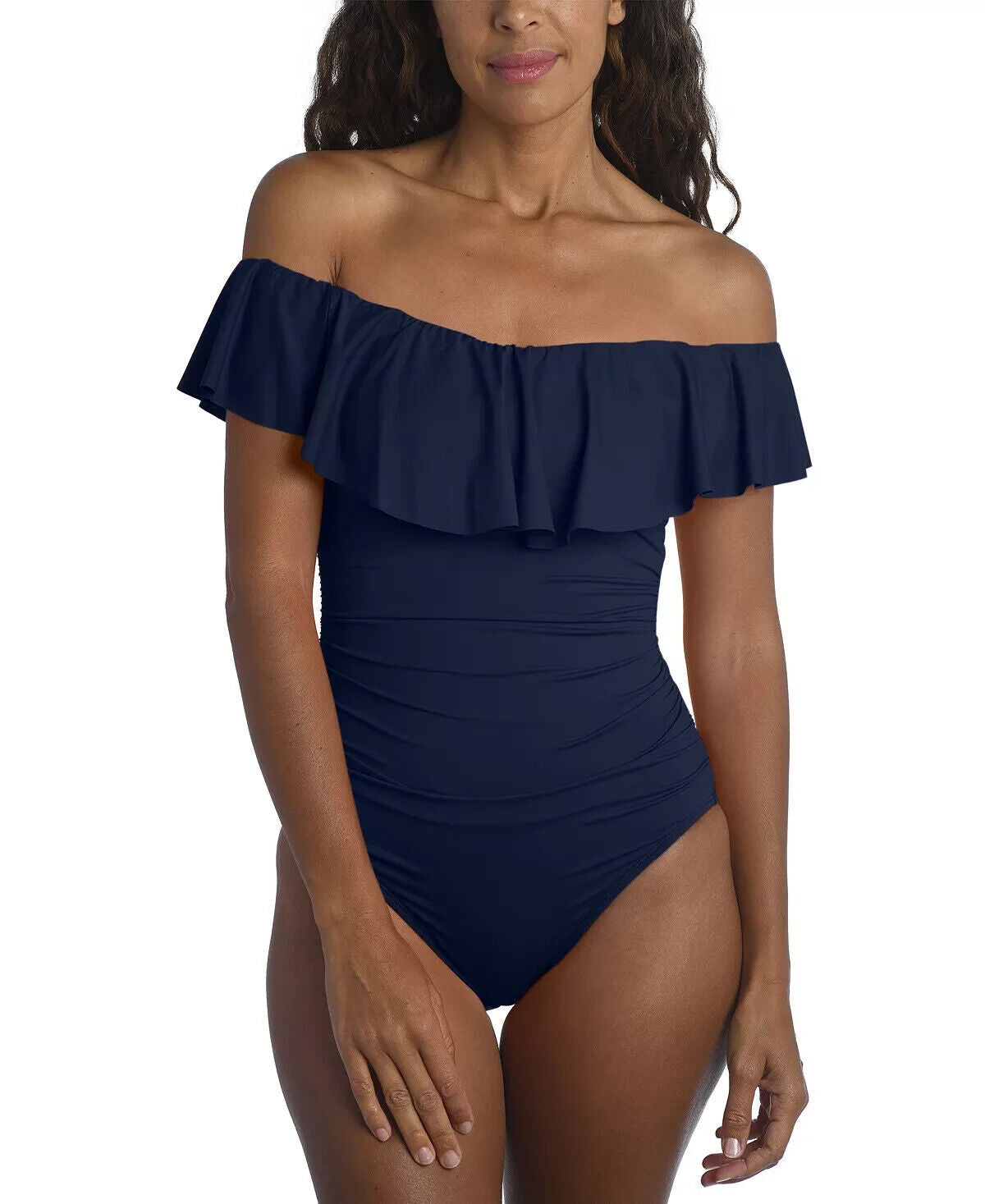 LA BLANCA Island Goddess Off-Shoulder Tummy-Control Swimsuit Blue Size 16 $130
