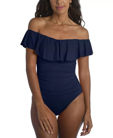 LA BLANCA Island Goddess Off-Shoulder Tummy-Control Swimsuit Blue Size 16 $130