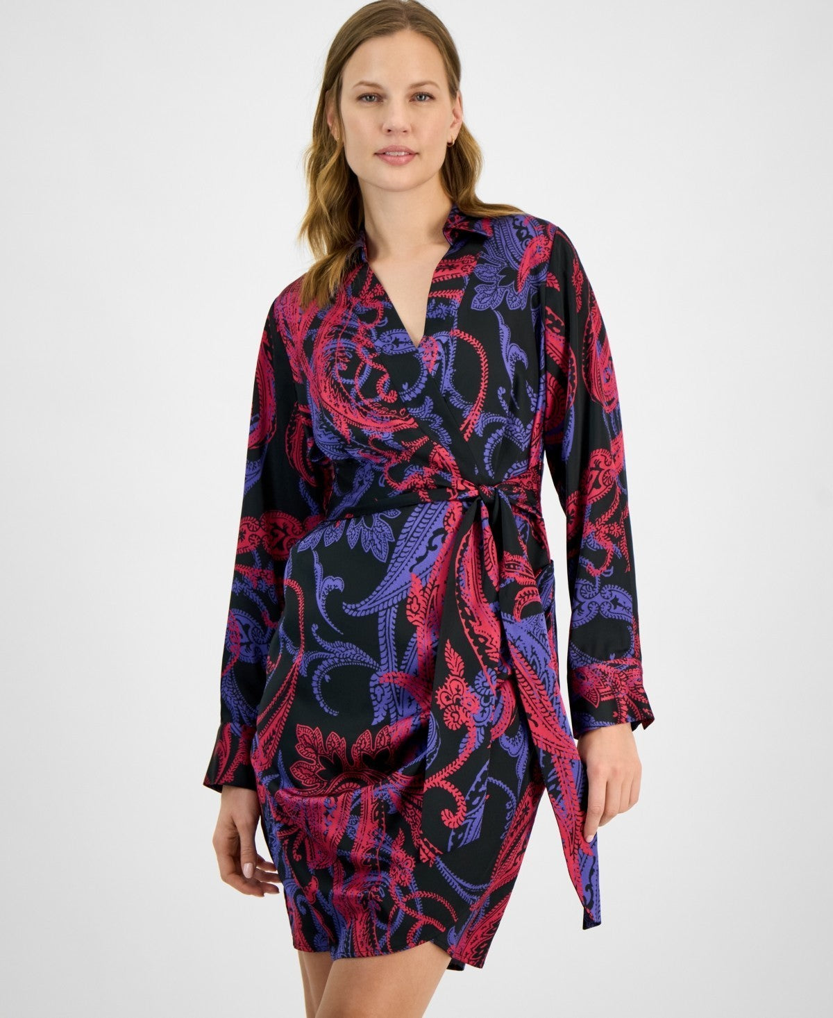Tahari ASL Women's Printed Faux-Wrap Dress Black Blue Size 16 MSRP $139