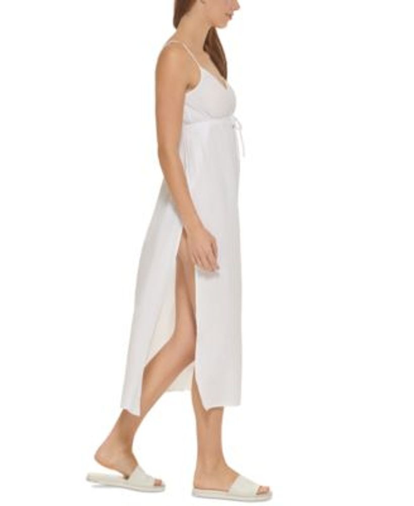 DKNY Women's V Neck Front Tie Maxi Dress Cover Up Swimsuit White Size S