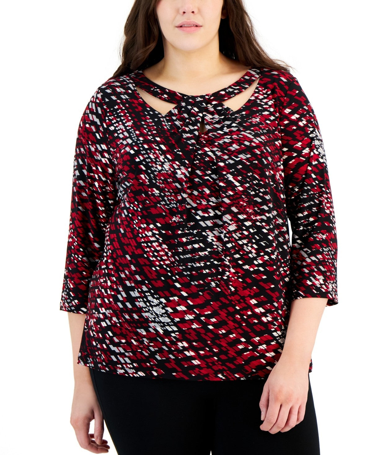 Kasper Plus Size 1X 3/4-Sleeve Twist V-Neck Top Red Black MSRP $79