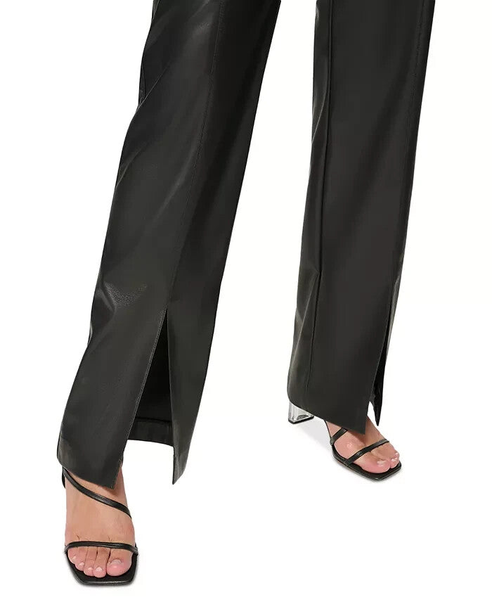 Calvin Klein Women's Faux Leather Split-Hem Pants BLACK Size 14 MSRP $109
