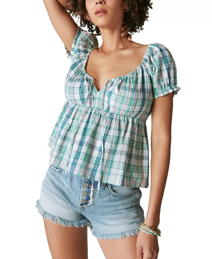 Lucky Brand Women's Plaid Tie-Front Babydoll Top Green Size S MSRP $80