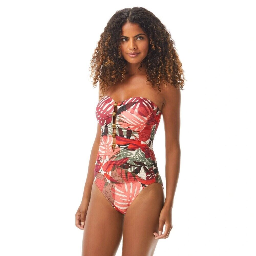 Carmen Marc Valvo Womens Printed Ruched Bandeau One-Piece Swimsuit Red Size 8