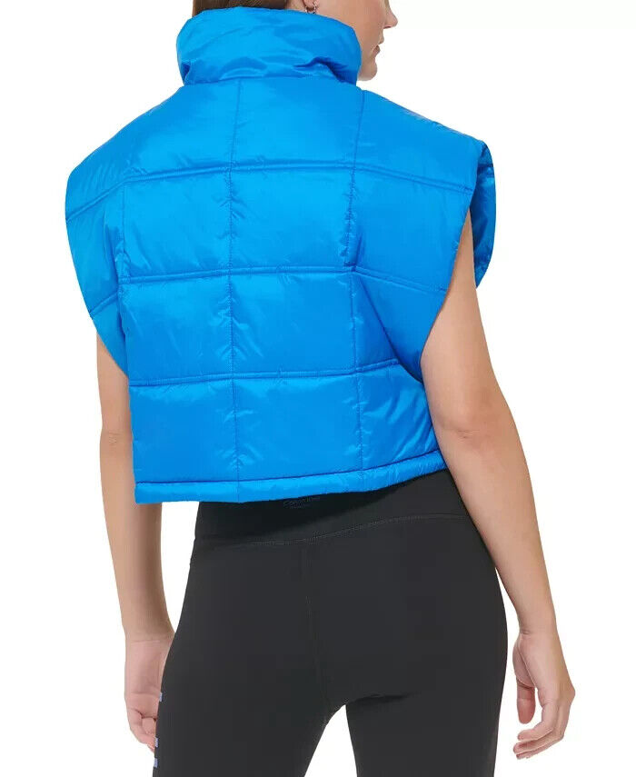 Calvin Klein Women's Cropped Mock-Neck Zip-up Vest Neon Blue Size L MSRP $80
