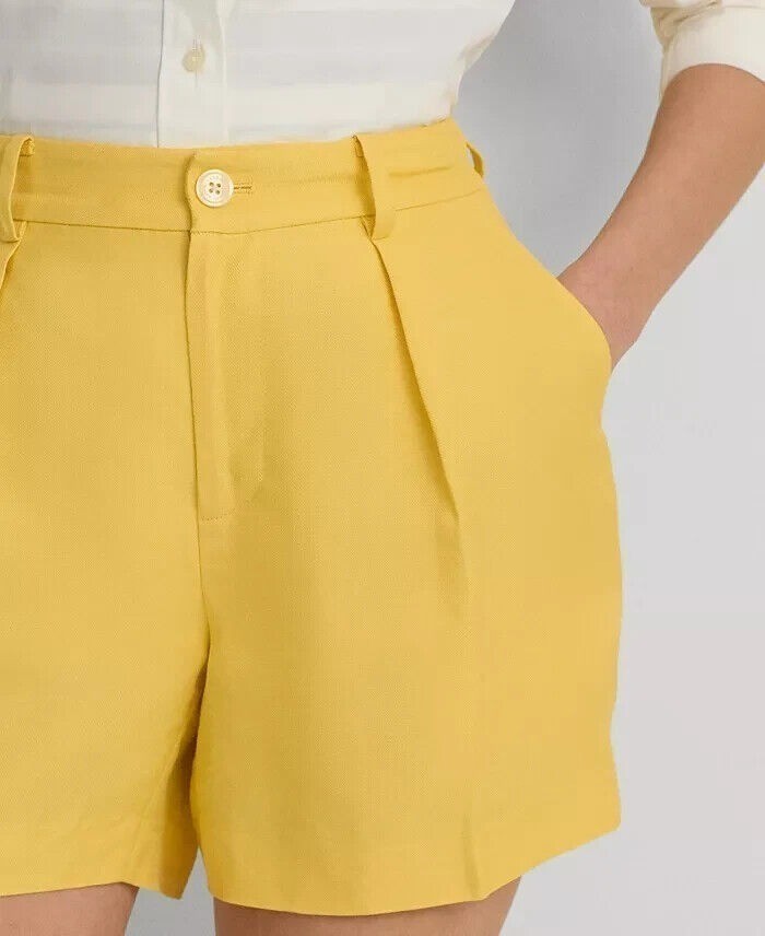 Lauren Ralph Lauren Women Pleated High-Rise Linen Shorts Yellow Size 16 MSRP$125