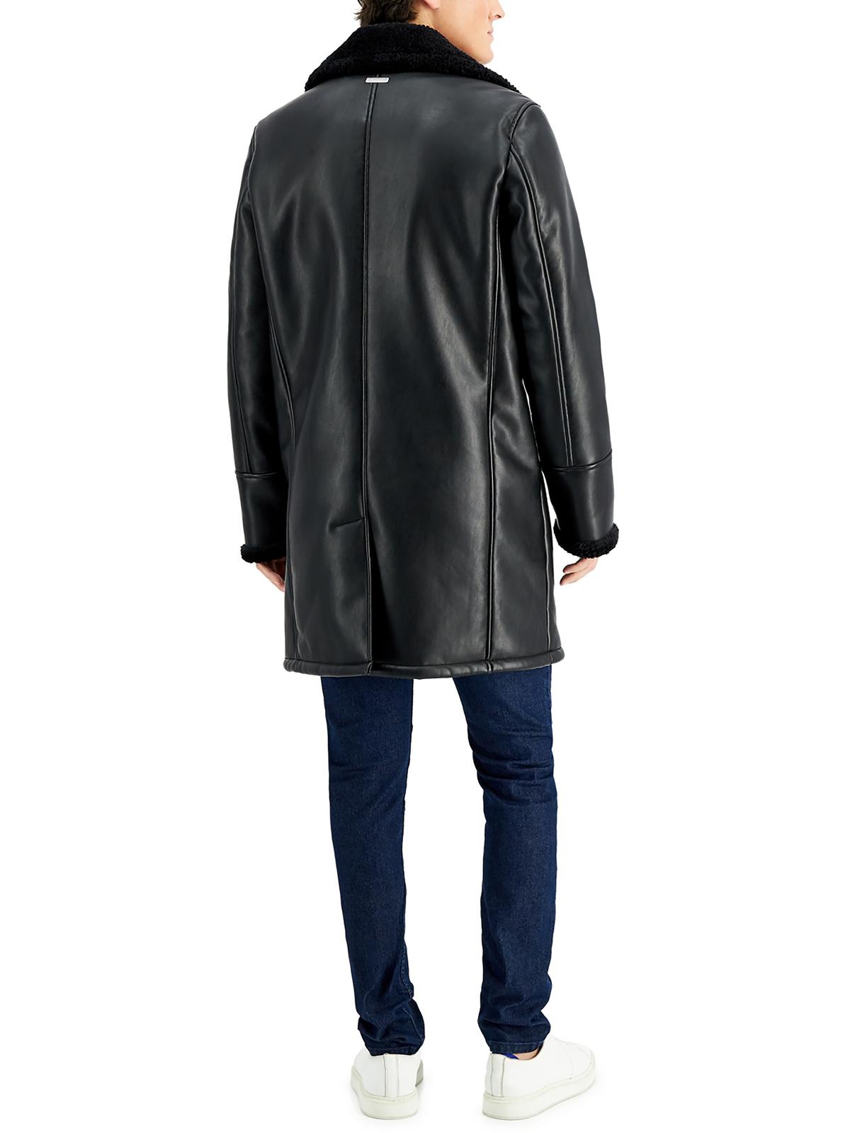 Guess Mens Faux Leather Faux Fur Long Coat Black Size XL