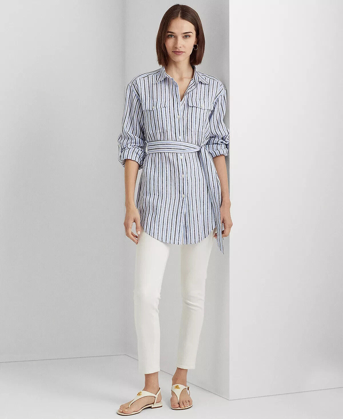 LAUREN Ralph Lauren Striped Belted Linen Shirt Blue White Size XL MSRP $135