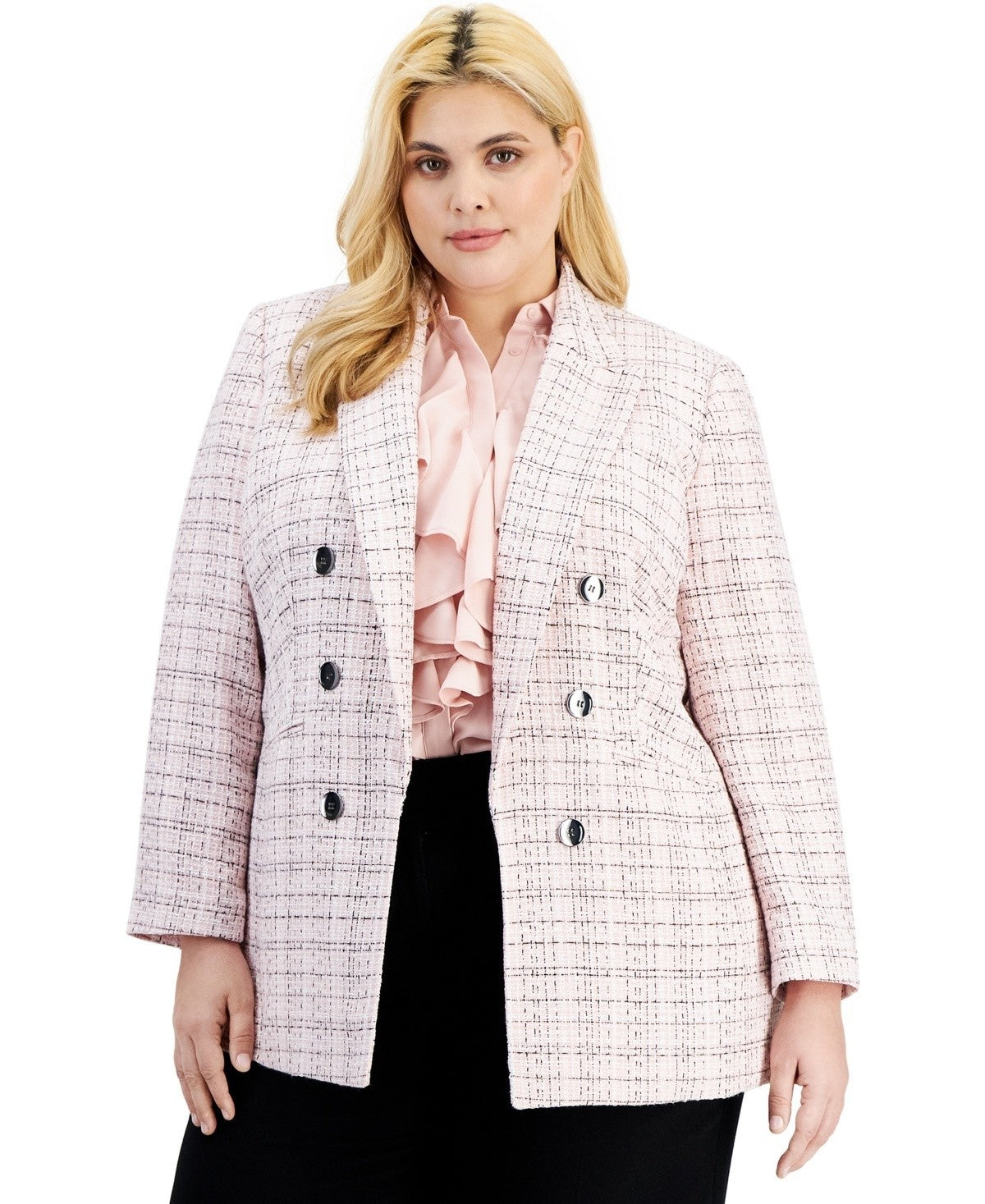 Bar III Plus Size Tweed Open-Front Blazer Pink Check Size 3X MSRP $139