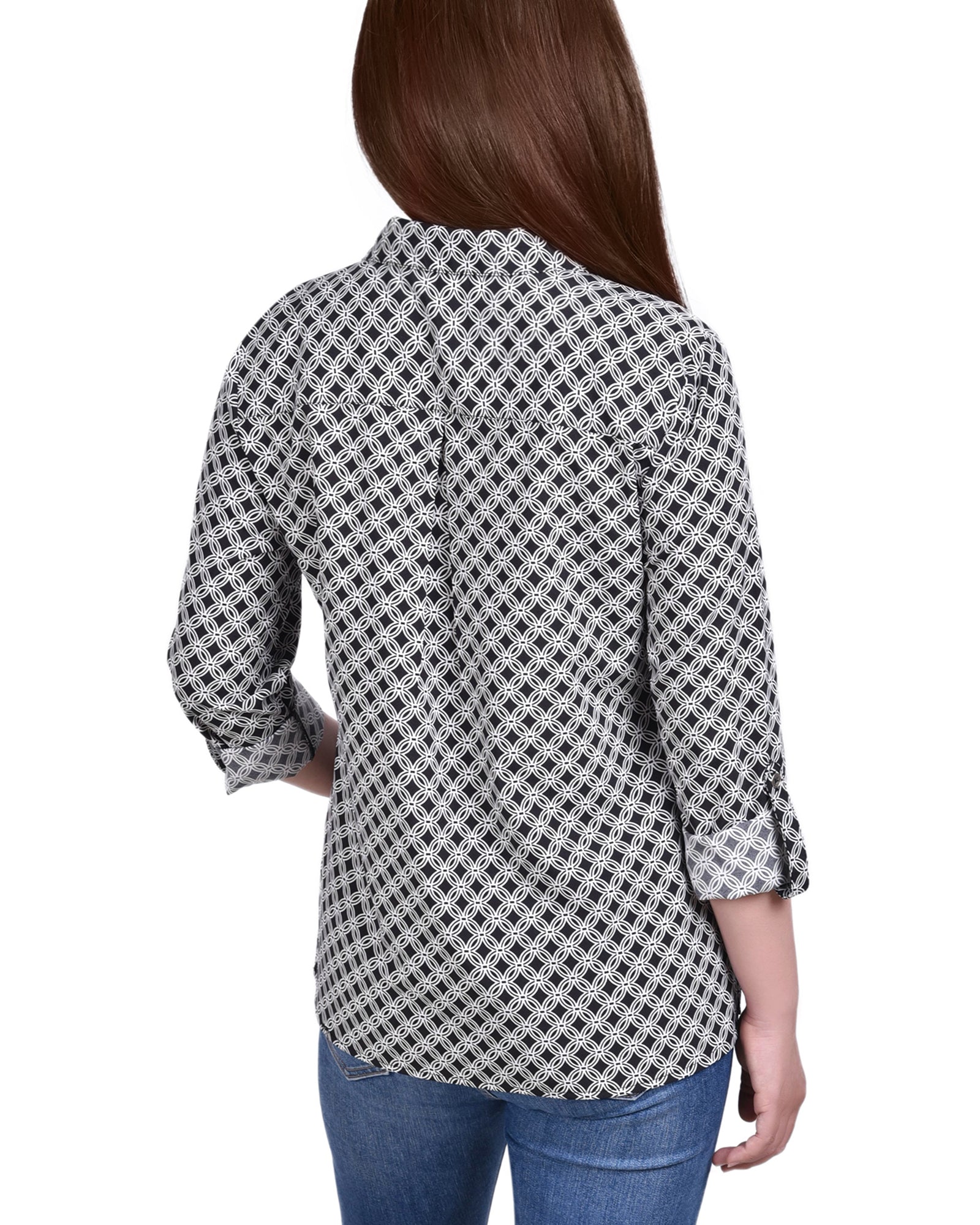 NY Collection 3/4 Sleeve Roll Tab Notch Collar Blouse Size PL Black White Petite