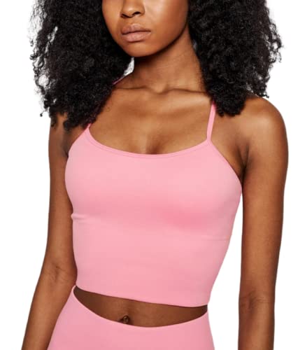 DKNY Women Ribbed Strappy Longline Low Impact Sports Bra Bubblegum, Size M Pink