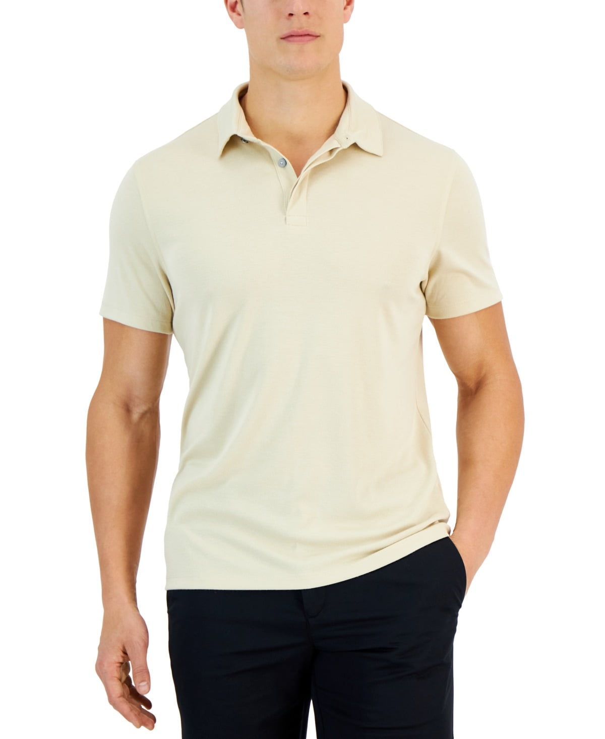 Alfani Men Regular fit Short Sleeve Polo Shirt Large Beige Solid Stretch