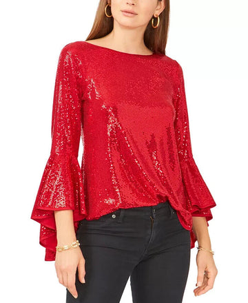 VINCE CAMUTO Metallic Knit Flutter Sleeve Top Size S Red MSRP $89