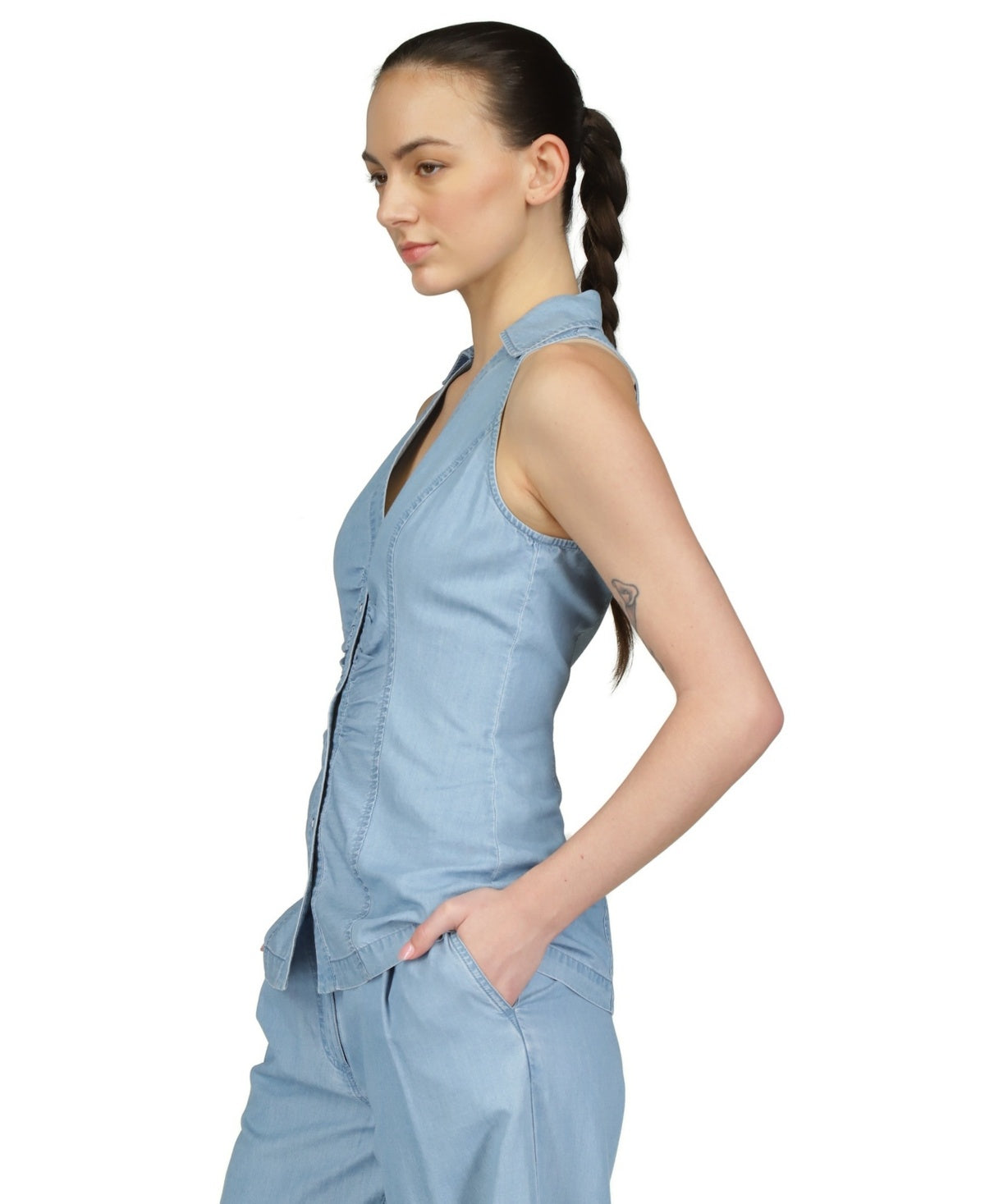 Michael Kors Women's Petite Sleeveless Tencel Collared Top, Sky Blue Size PS