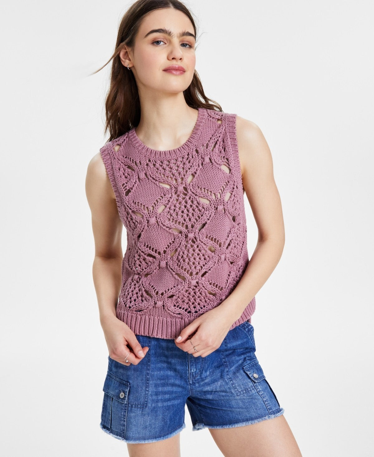 Lucky Brand Women's Diamond Crochet Cotton Sweater Vest Purple Size M MSRP $90