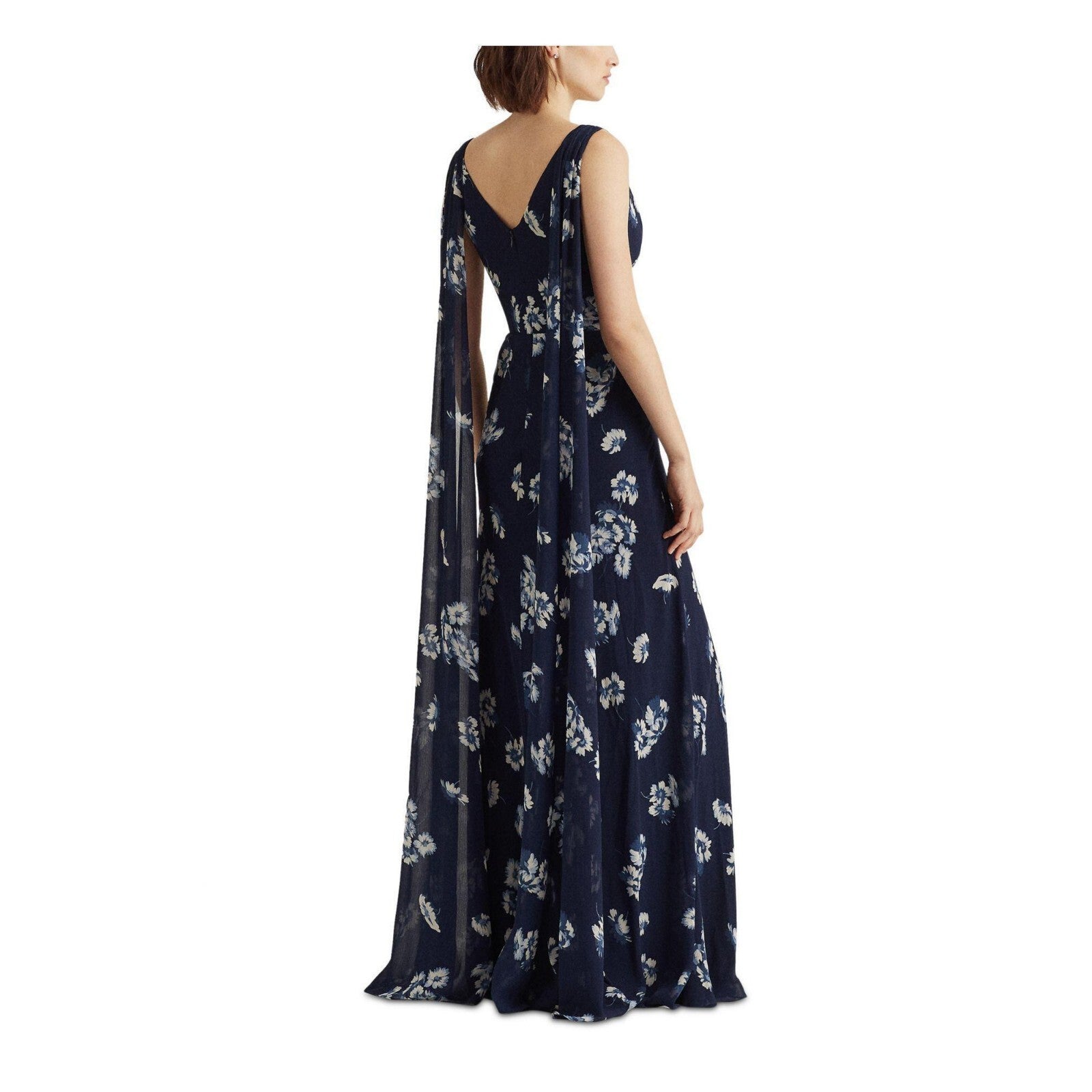 Lauren Ralph Lauren Floral Crinkled Georgette Gown Navy Blue Size 12 MSRP $260
