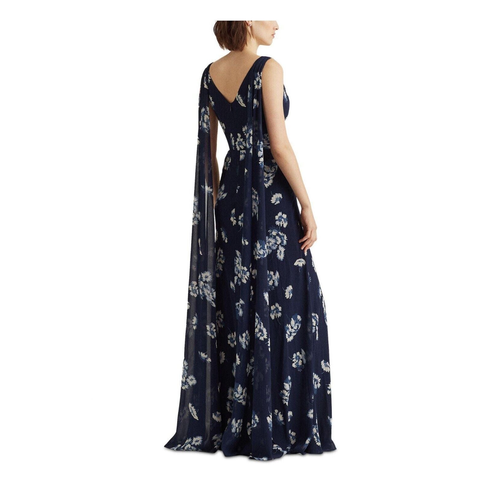 Lauren Ralph Lauren Floral Crinkled Georgette Gown Navy Blue Size 12 MSRP $260
