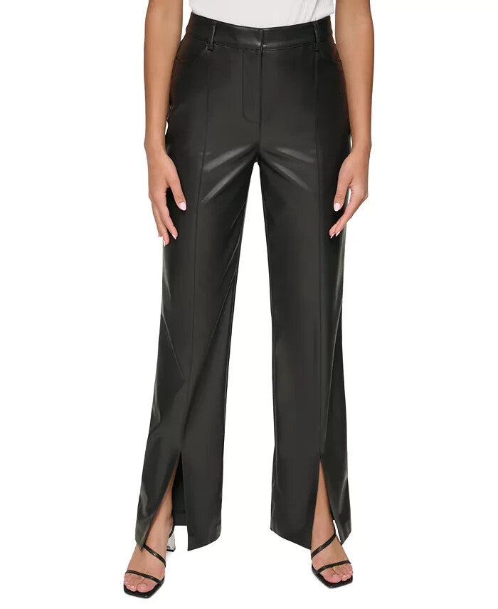 Calvin Klein Women's Faux Leather Split-Hem Pants BLACK Size 14 MSRP $109
