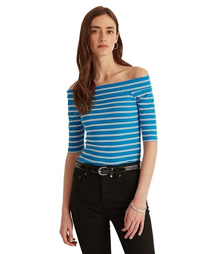 LAUREN Ralph Lauren Striped Off Shoulder Stretch Cotton Tee Blue Size S MSRP $60