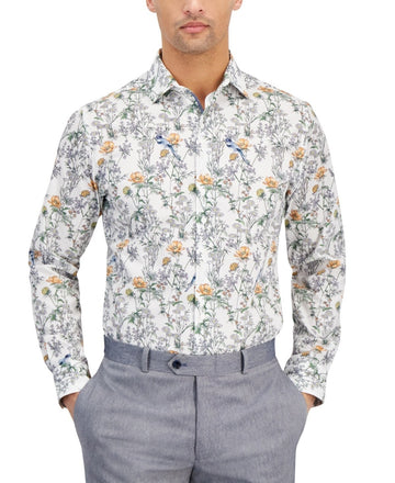 Bar III Slim-Fit Bird Floral Dress Shirt White Size 14/14.5 (S) MSRP $70