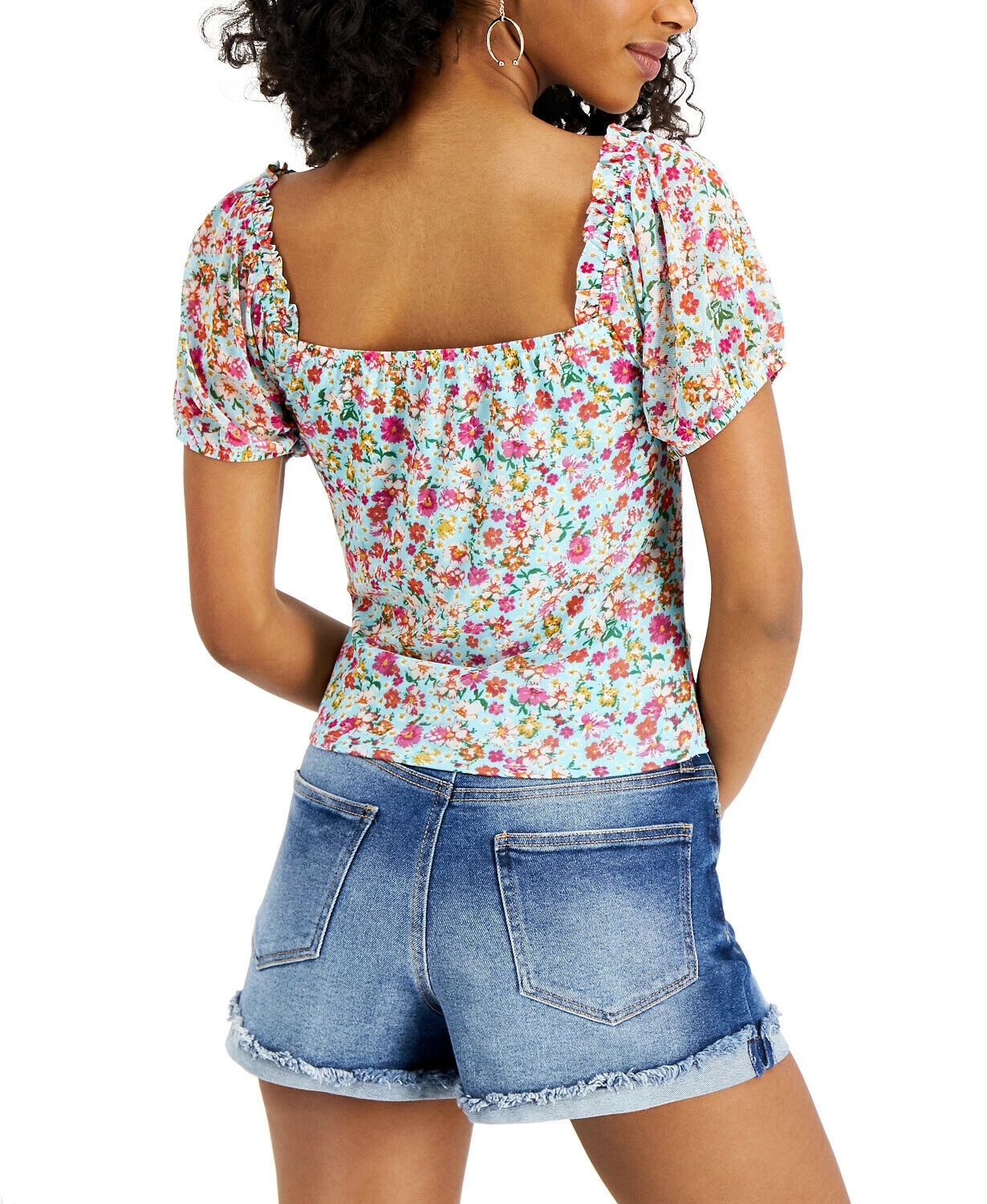 Crave Fame Juniors' Printed Ruched Mesh Top Womens blue Size XS MSRP $29