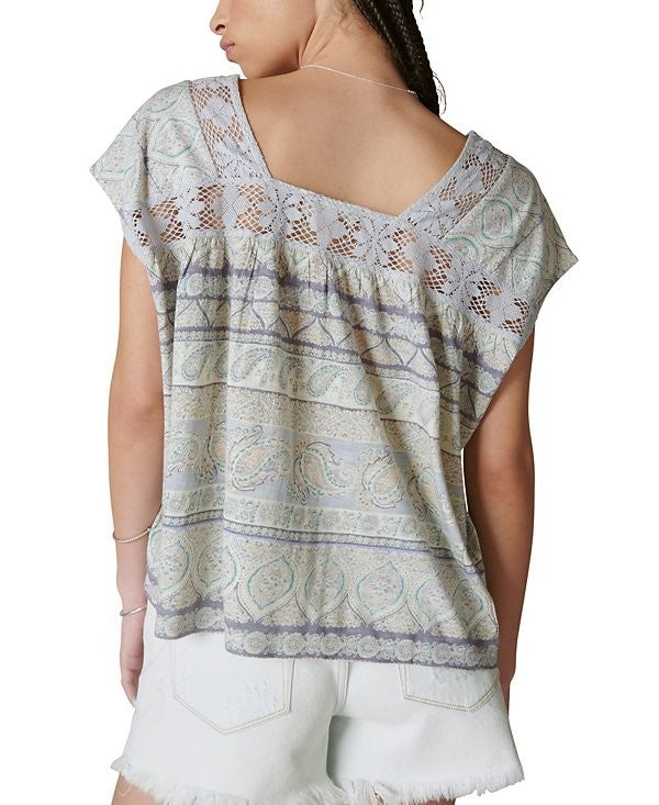 Lucky Brand Women's Printed Beach Square-Neck T-Shirt Blue Size M MSRP $80