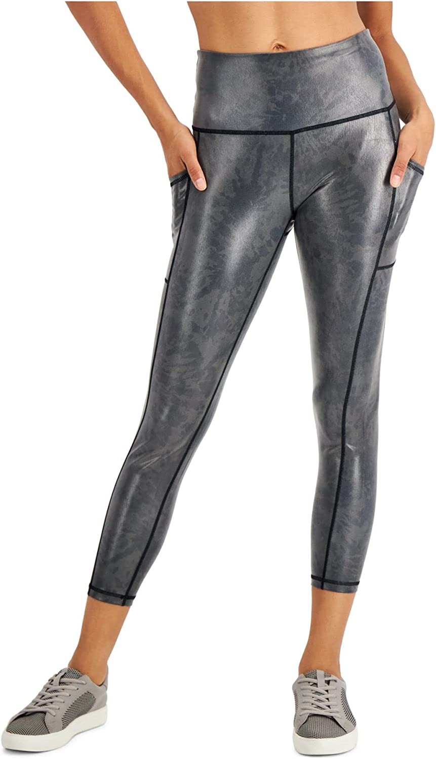Ideology Women's Active Shine 7/8-Length Leggings Spiral Black Silver Size XL