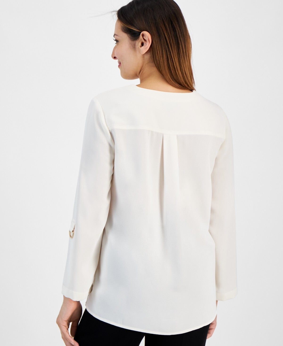 Jones New York Petite Roll-Tab-Sleeve Button Tunic Shirt Ivory Size PS MSRP $80