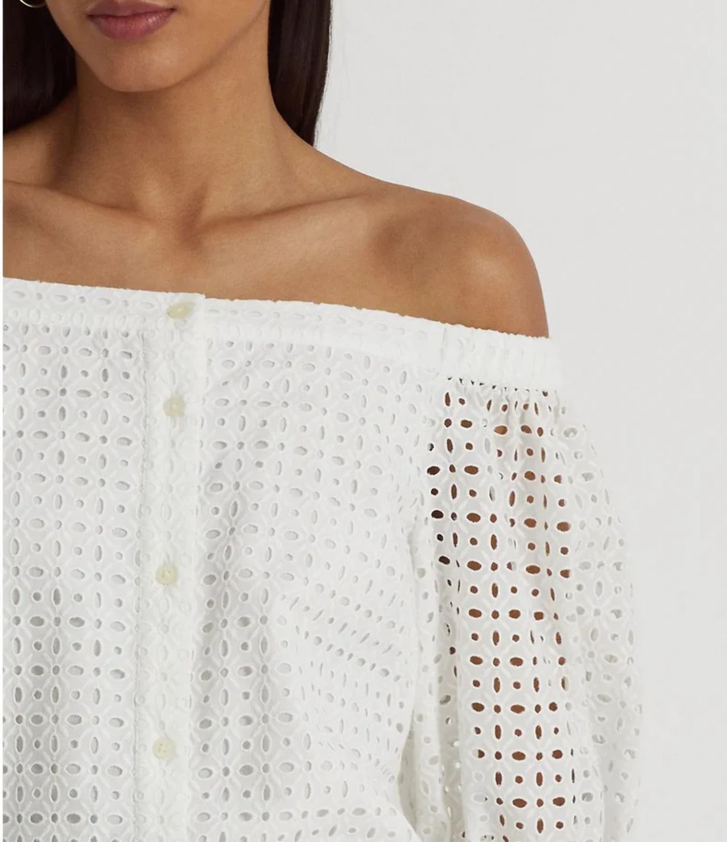 LAUREN RALPH LAUREN Eyelet Cotton Off-the-Shoulder Blouse White Size XS