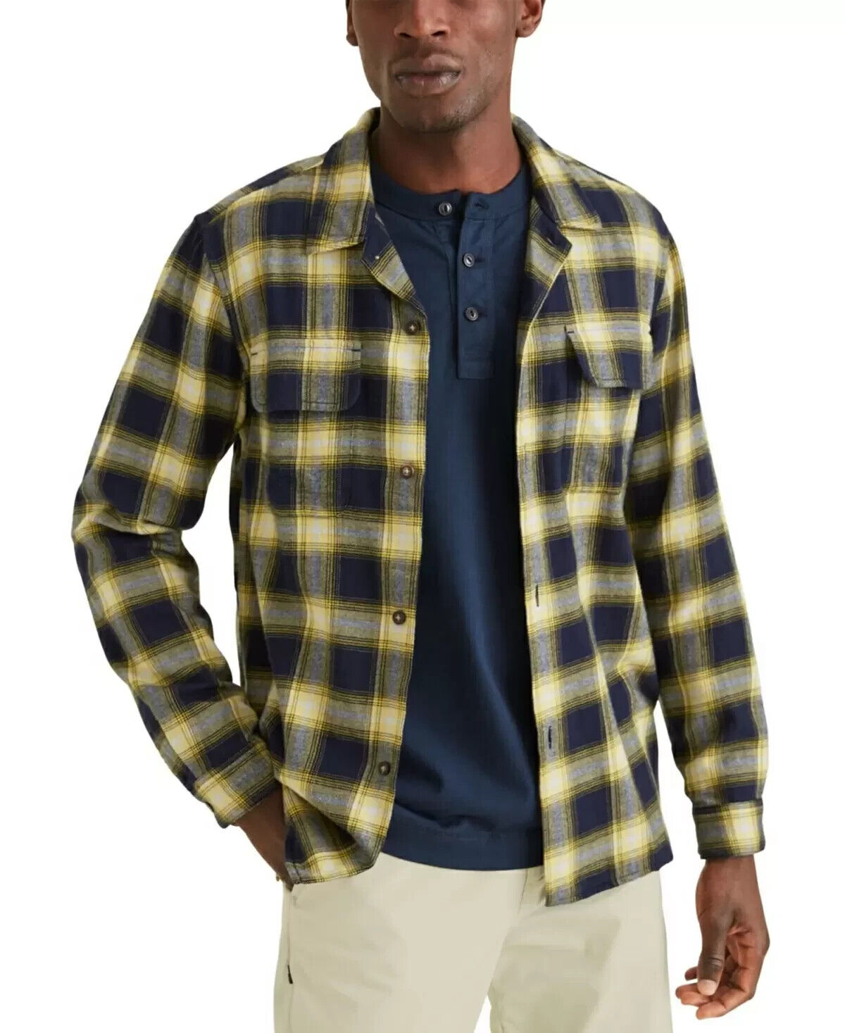 DOCKERS Men's Alpha Plaid Camp Shirt Navy Blue Yellow Size XL MSRP $79