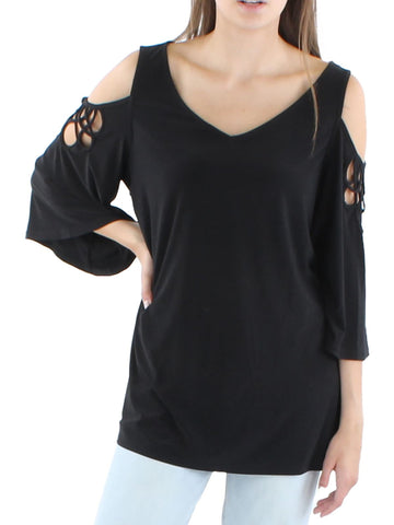 VINCE CAMUTO Womens Black Cold Shoulder Cut Out 3/4 Sleeve V Neck Top Size XS
